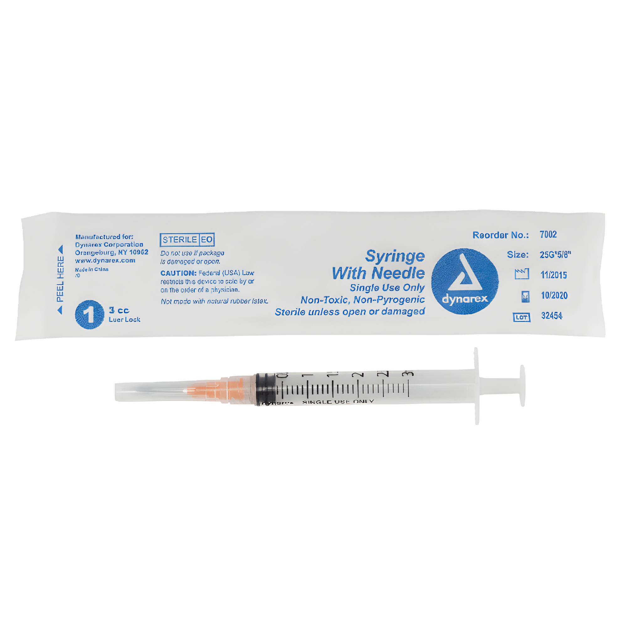 3mL Dynarex® NS Syringe 25G x 5/8" Needle, Luer Lock