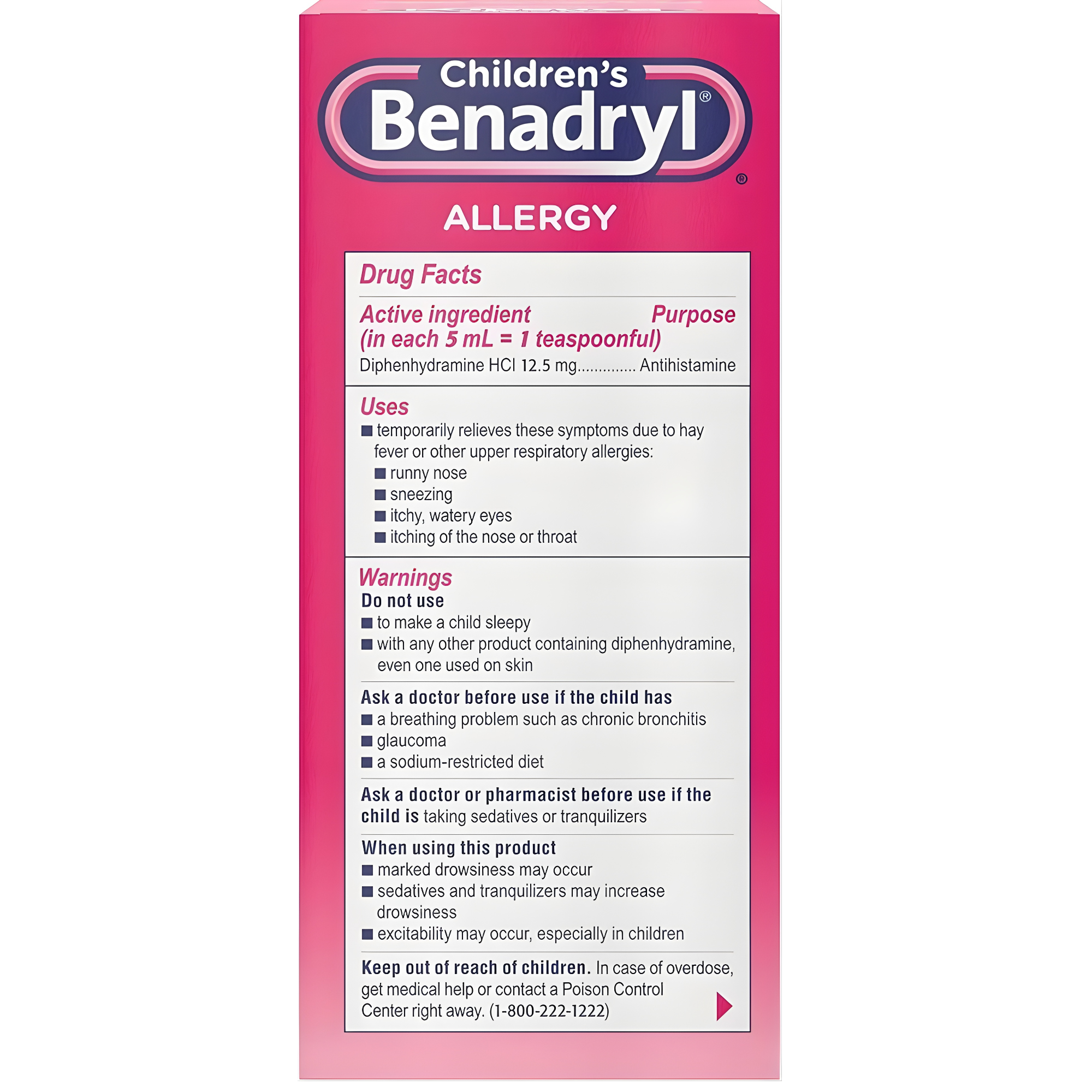 Children's Benadryl Allergy Liquid 12.5 mg - Relief for Kids