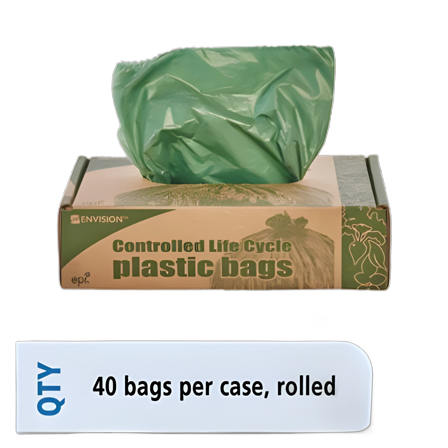 Controlled Life-Cycle Plastic Trash Bags, 33 gal, 1.1 mil, 33" x 40", Green, 40/Box