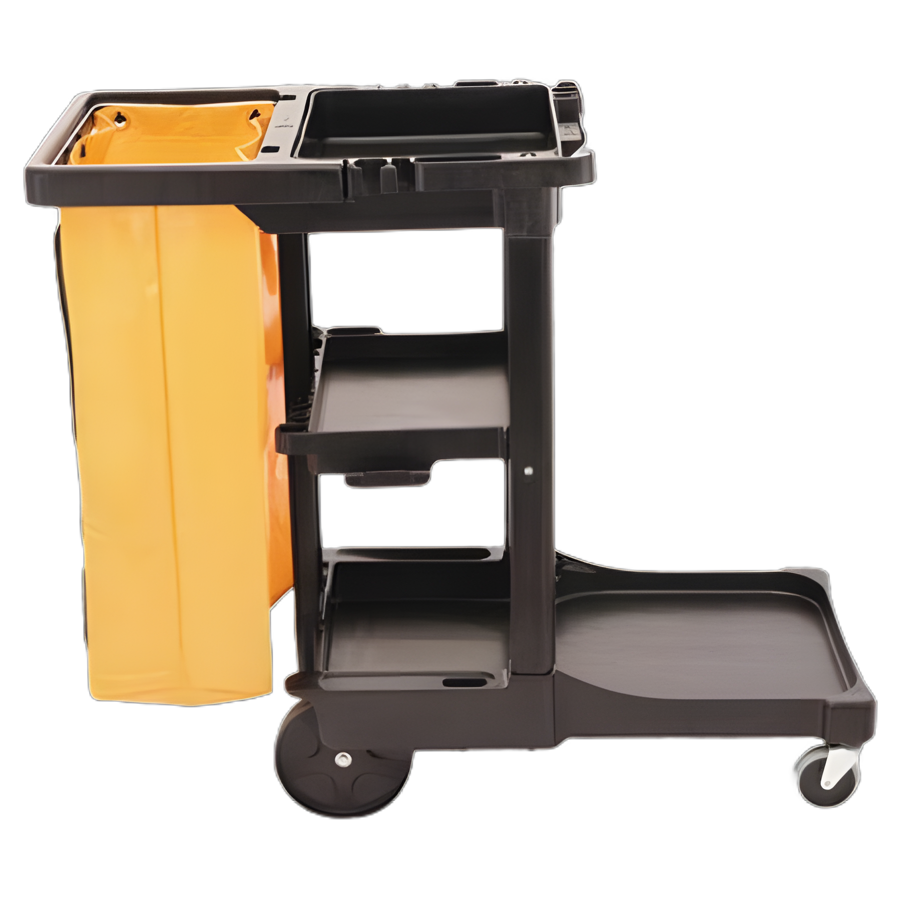 Multi-Shelf Cleaning Cart, Plastic, 4 Shelves, 1 Bin, 20" x 45" x 38.25", Black