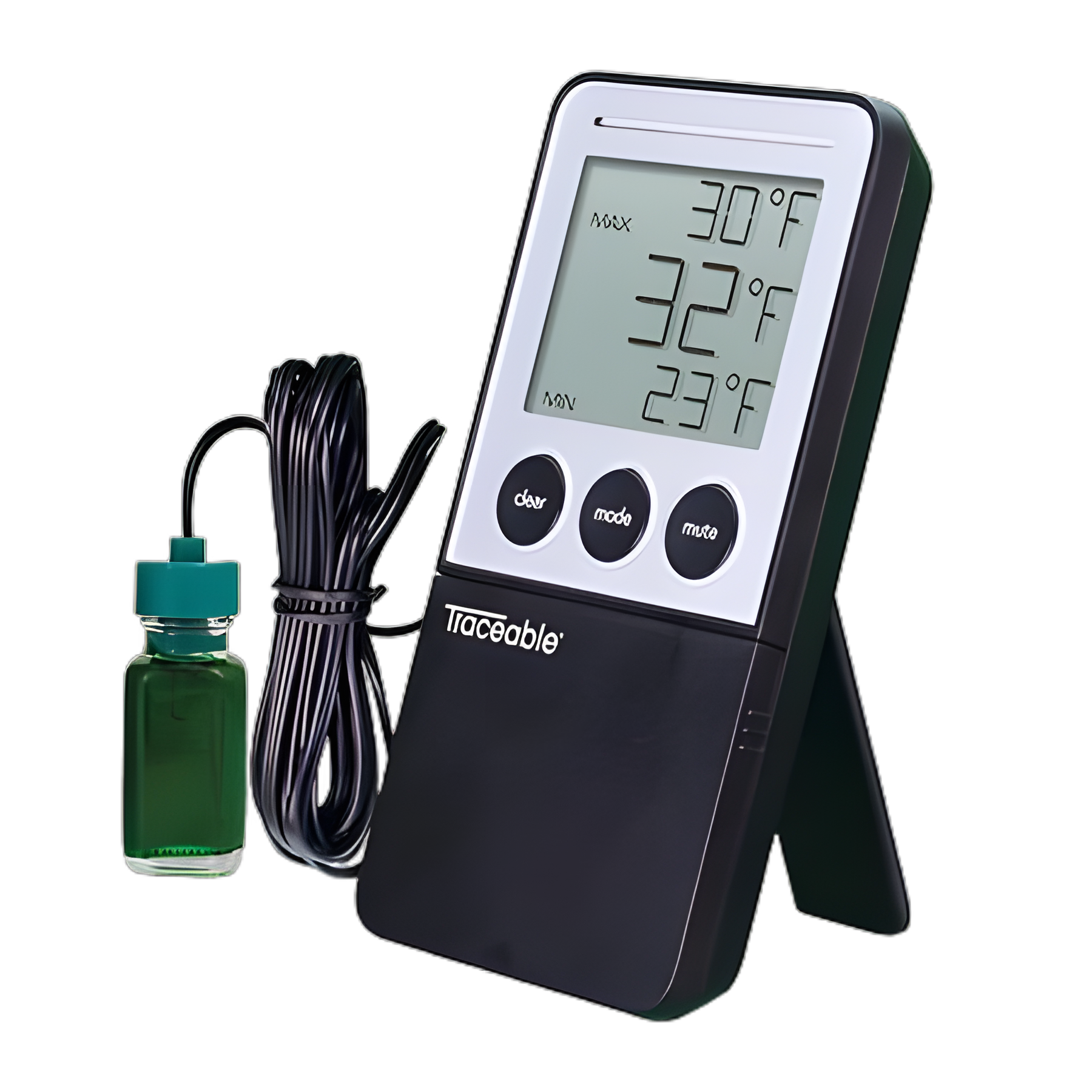 Digital Refrigerator / Freezer Thermometer with Alarm Traceable® Fahrenheit / Celsius -58° to +158°F (-50° to +70°C) Bottle Probe Desk / Wall / Door Mount Battery Operated