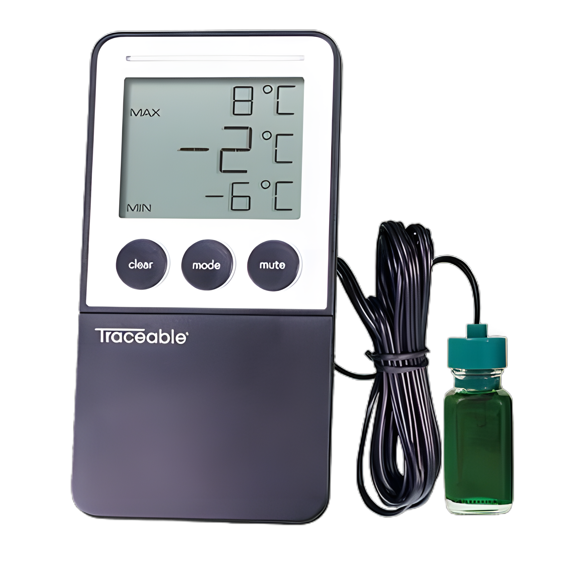 Digital Refrigerator / Freezer Thermometer with Alarm Traceable® Fahrenheit / Celsius -58° to +158°F (-50° to +70°C) Bottle Probe Desk / Wall / Door Mount Battery Operated