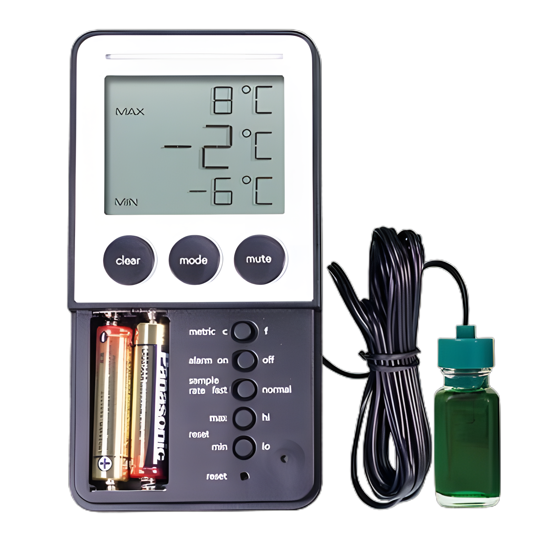 Digital Refrigerator / Freezer Thermometer with Alarm Traceable® Fahrenheit / Celsius -58° to +158°F (-50° to +70°C) Bottle Probe Desk / Wall / Door Mount Battery Operated