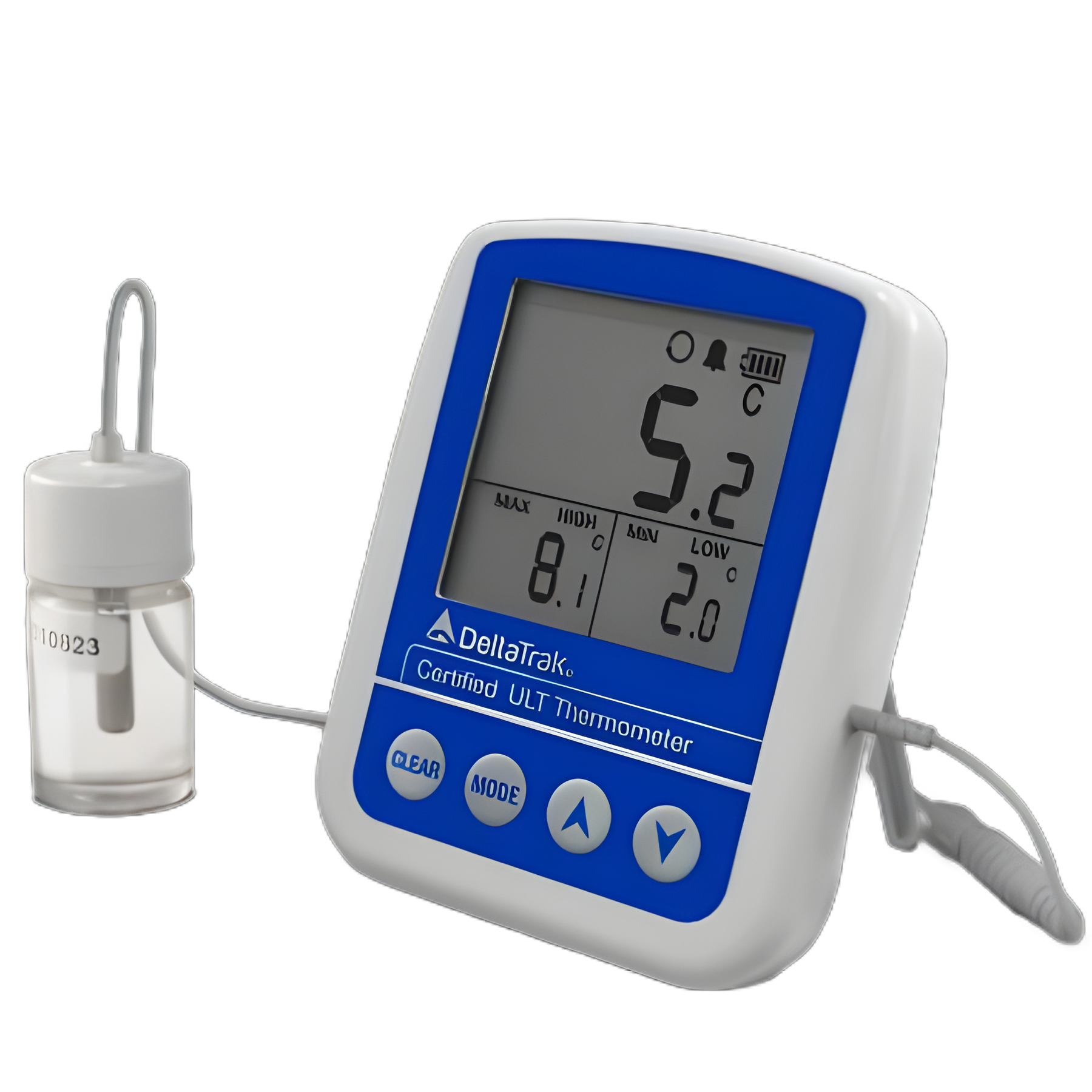 Digital Refrigerator / Freezer Thermometer with Alarm FlashCheck® Fahrenheit / Celsius -58° to +158°F (-50° to +70°C) Glycol Bottle Probe Multiple Mounting Options Battery Operated