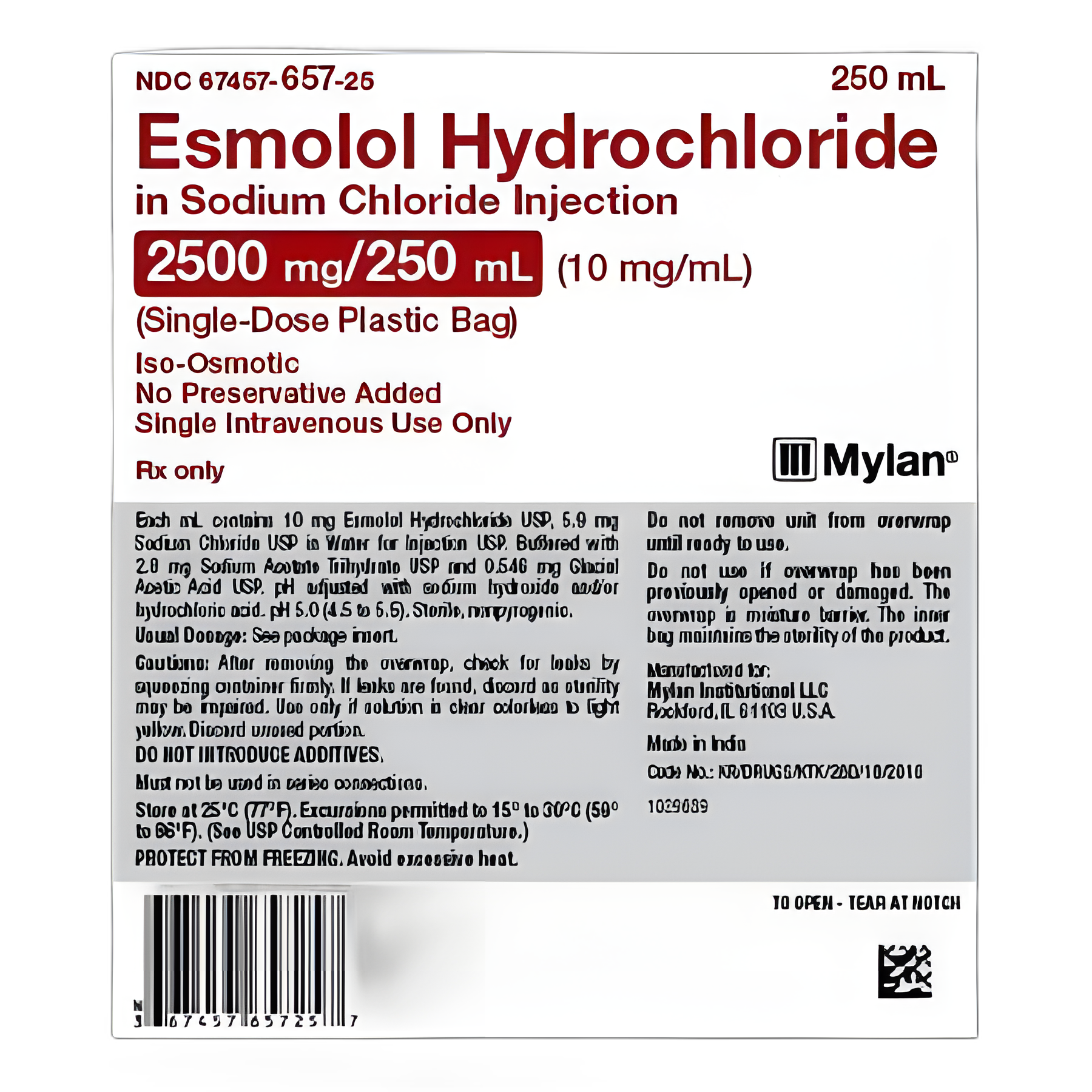 Esmolol Hydrochloride in Sodium Chloride 10 mg/mL IV Solution in Flexible Bag 250 mL by Mylan Pharmaceuticals