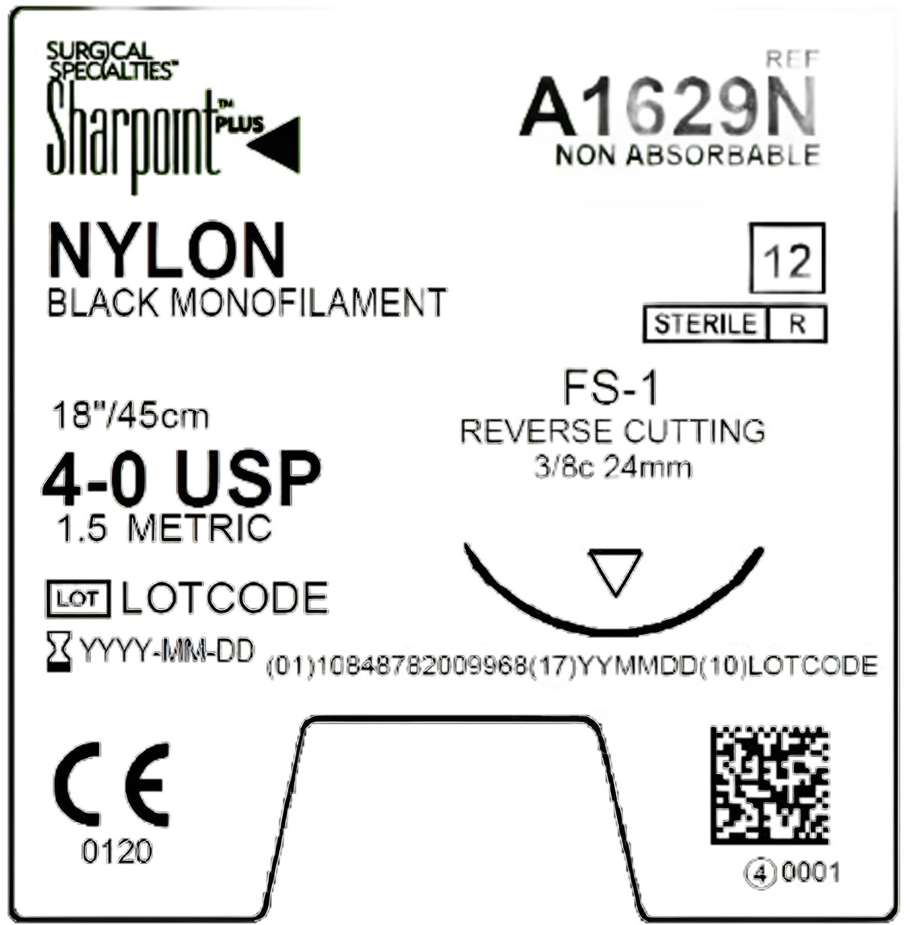 Nonabsorbable Suture with Needle Surgical Specialties™ Nylon DS24 3/8 Circle Reverse Cutting Needle Size 4 - 0 Monofilament