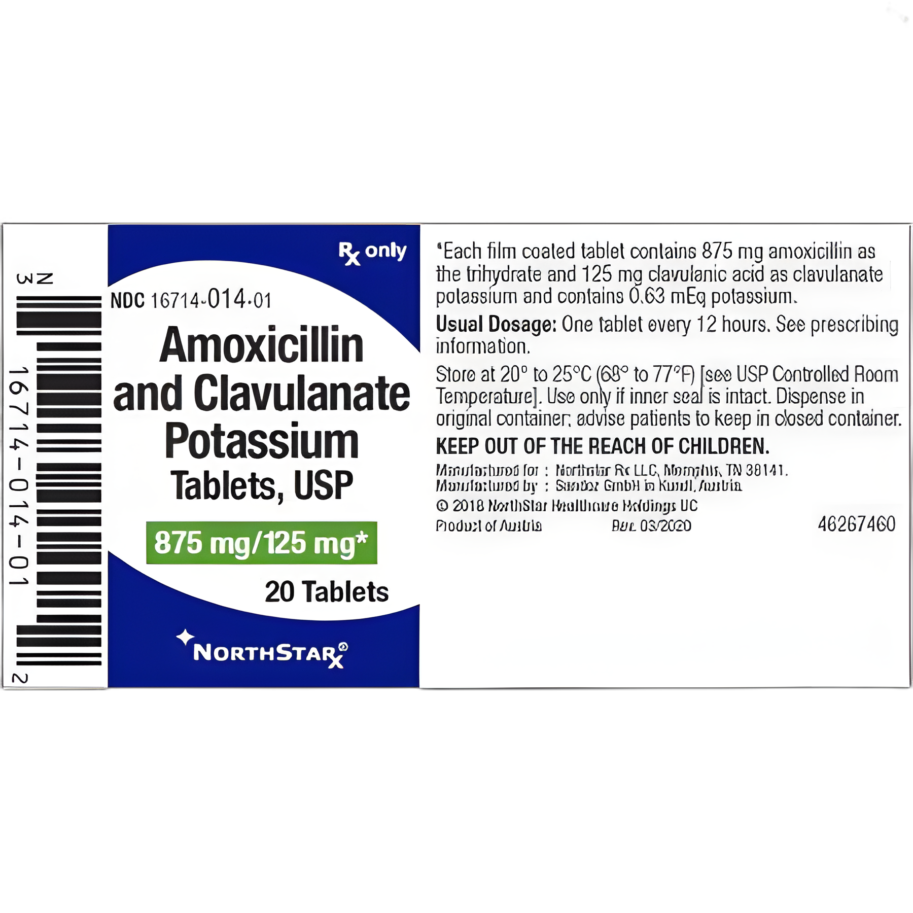Amoxicillin / Potassium Clavulanate 875 mg - 125 mg Tablet Bottle 20 Tablets - 16714001401