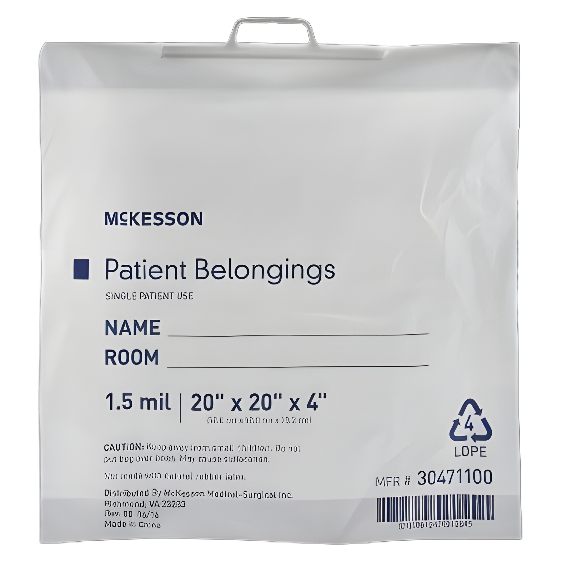 Patient Belongings Bag McKesson 4 X 20 X 20 Inch Polyethylene Snap Closure White