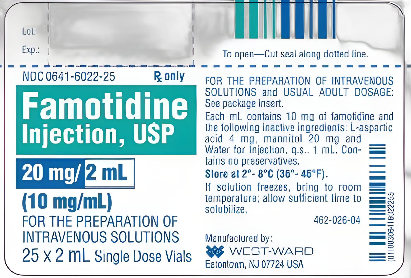 Famotidine, Preservative Free 10 mg / mL Injection Single-Dose Vial 2 mL - 00641602225