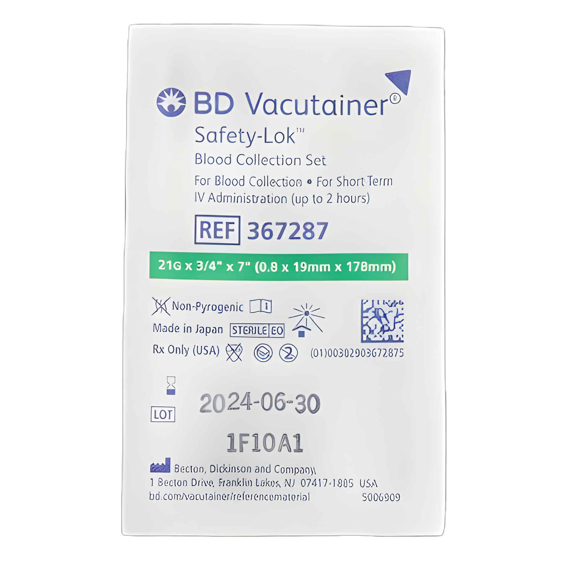 BD Vacutainer® Safety-Lok™ Blood Collection Set 21 Gauge 3/4 Inch Needle Length Safety Needle 7 Inch Tubing Sterile