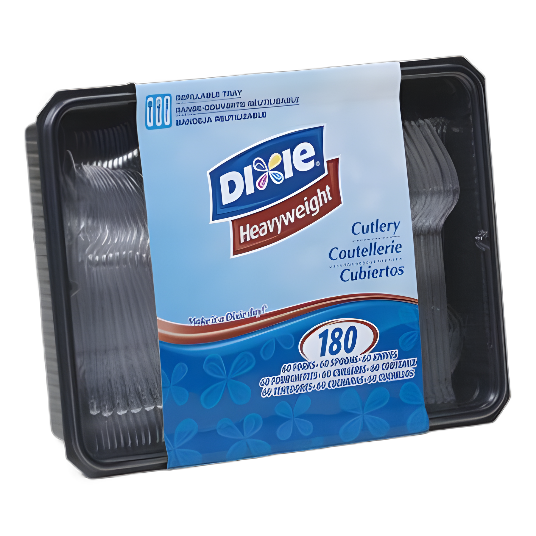 Cutlery Keeper Tray with Clear Plastic Utensils: 60 Forks, 60 Knives, 60 Spoons