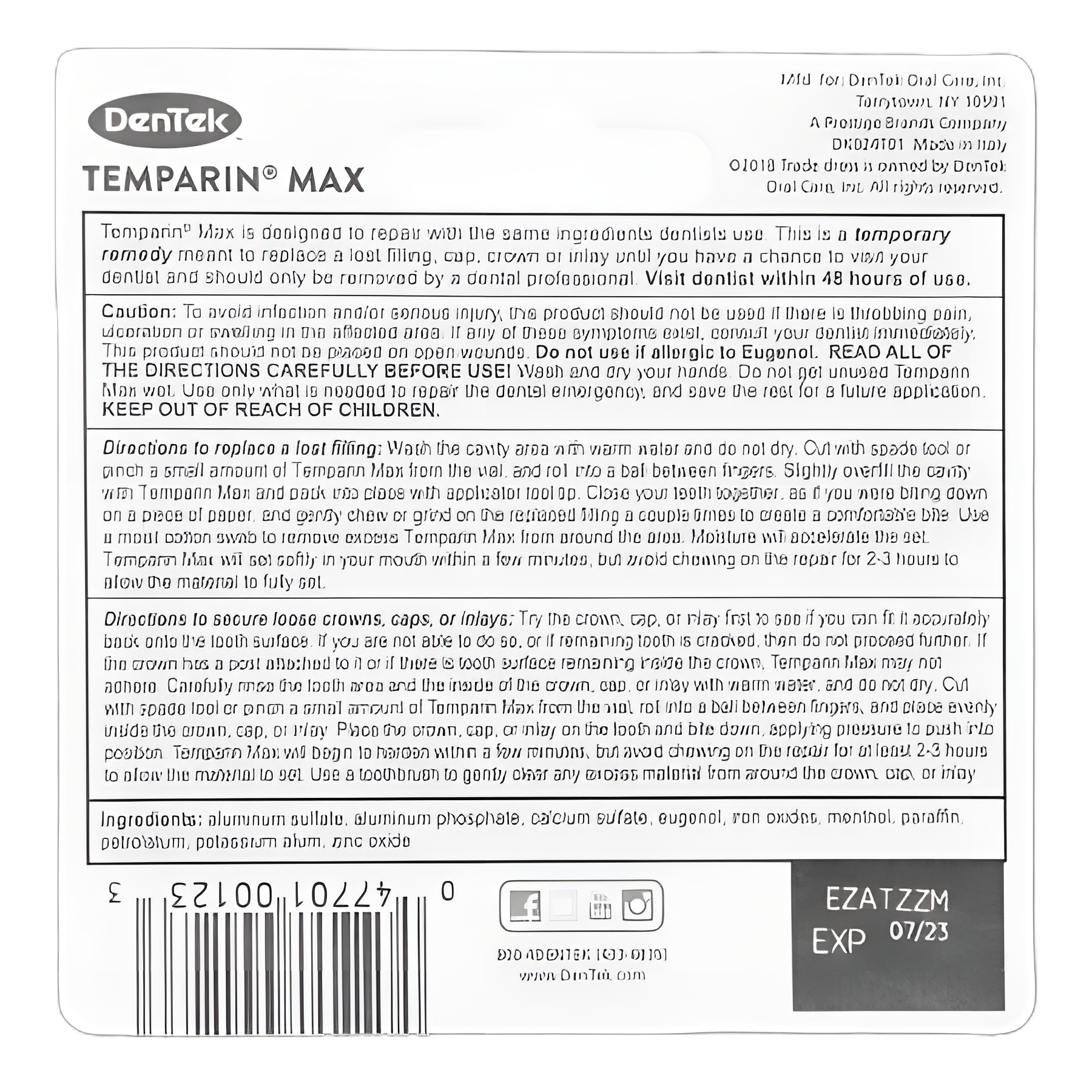 Temporary Cap and Filling Repair DenTek Temparin® Max For Fillings, Crowns, Inlays