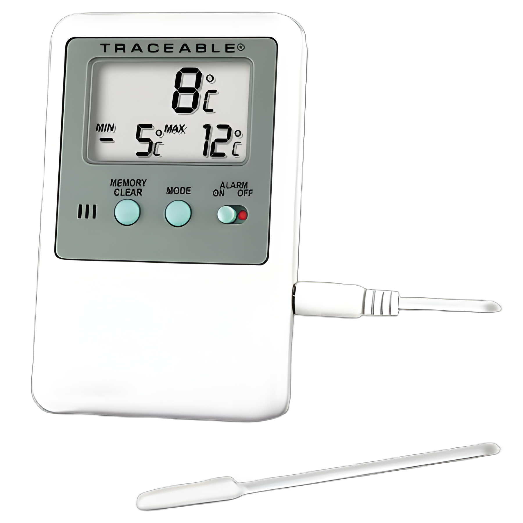 Digital Refrigerator / Freezer Thermometer with Alarm Traceable® Fahrenheit / Celsius -58° to +158°F (-50° to +70°C) Bottle Probe Multiple Mounting Options Battery Operated - 94460-70
