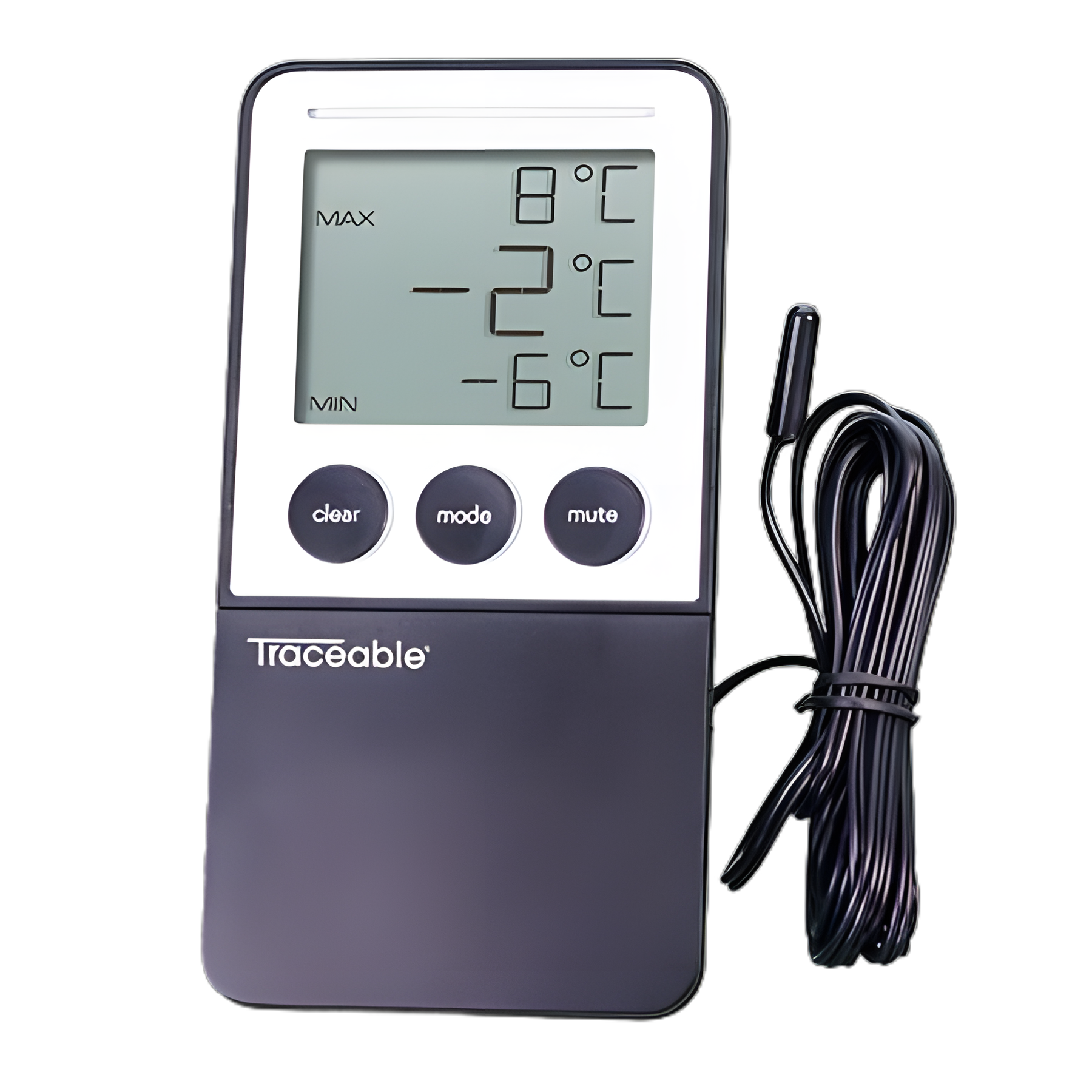 Digital Refrigerator / Freezer Thermometer with Alarm Traceable® Fahrenheit / Celsius -58° to +158°F (-50° to +70°C) Bottle Probe Multiple Mounting Options Battery Operated - 94460-70