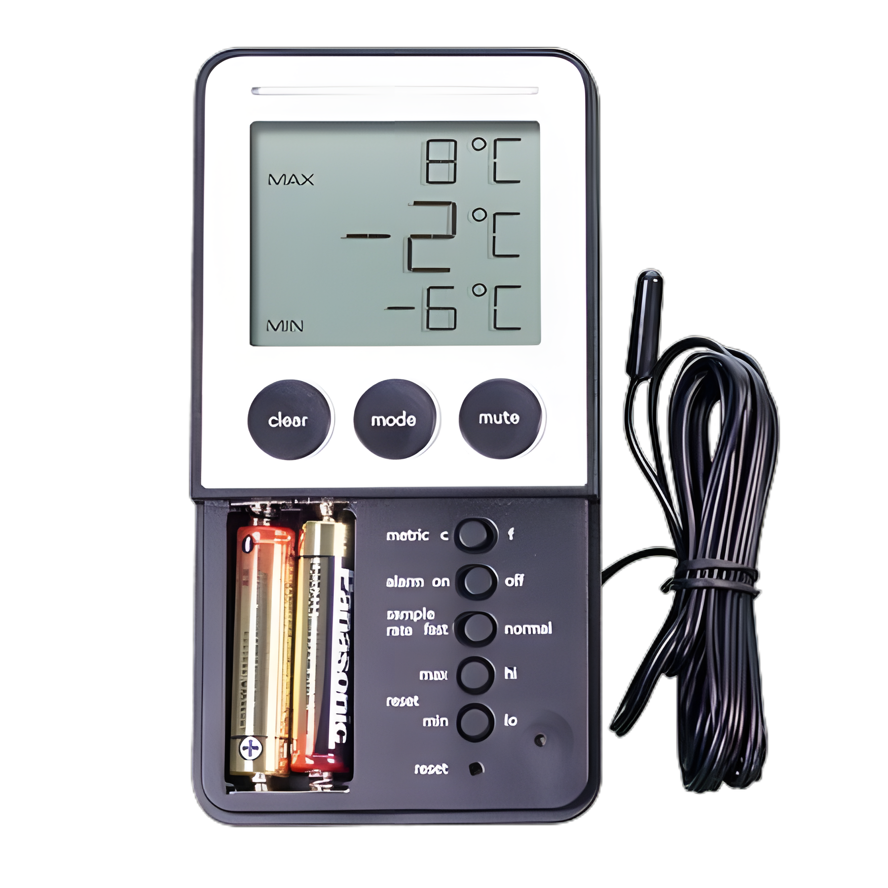 Digital Refrigerator / Freezer Thermometer with Alarm Traceable® Fahrenheit / Celsius -58° to +158°F (-50° to +70°C) Bottle Probe Multiple Mounting Options Battery Operated - 94460-70