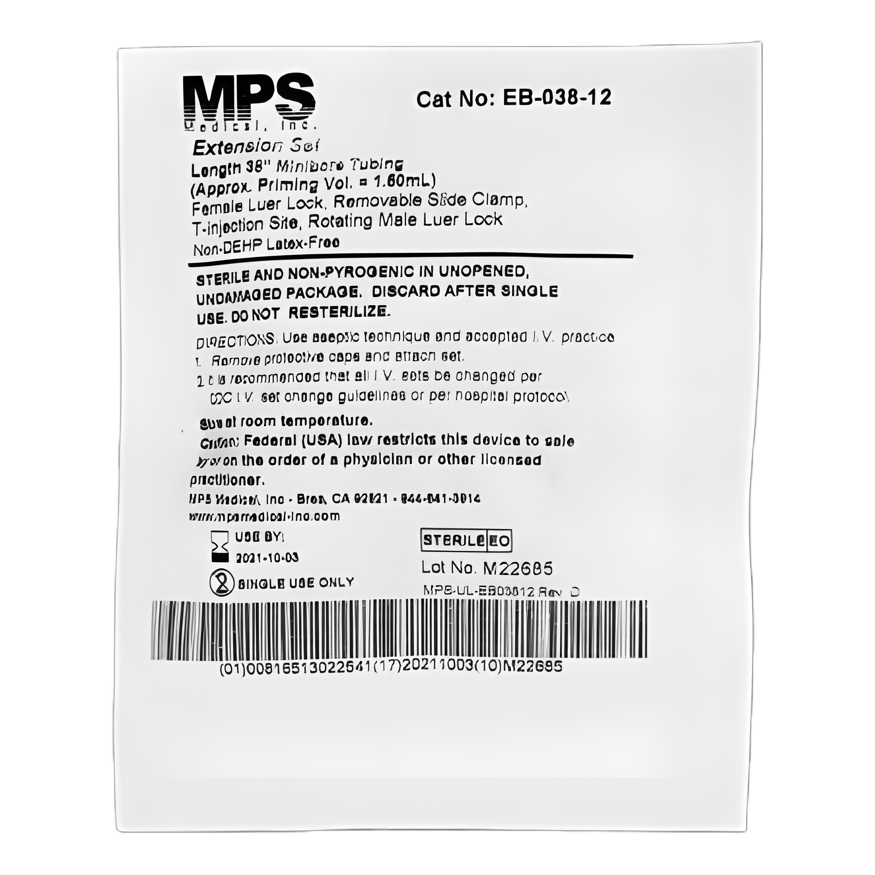 IV Extension Set Mini Bore 38 Inch Tubing Without Filter - EB-038-12