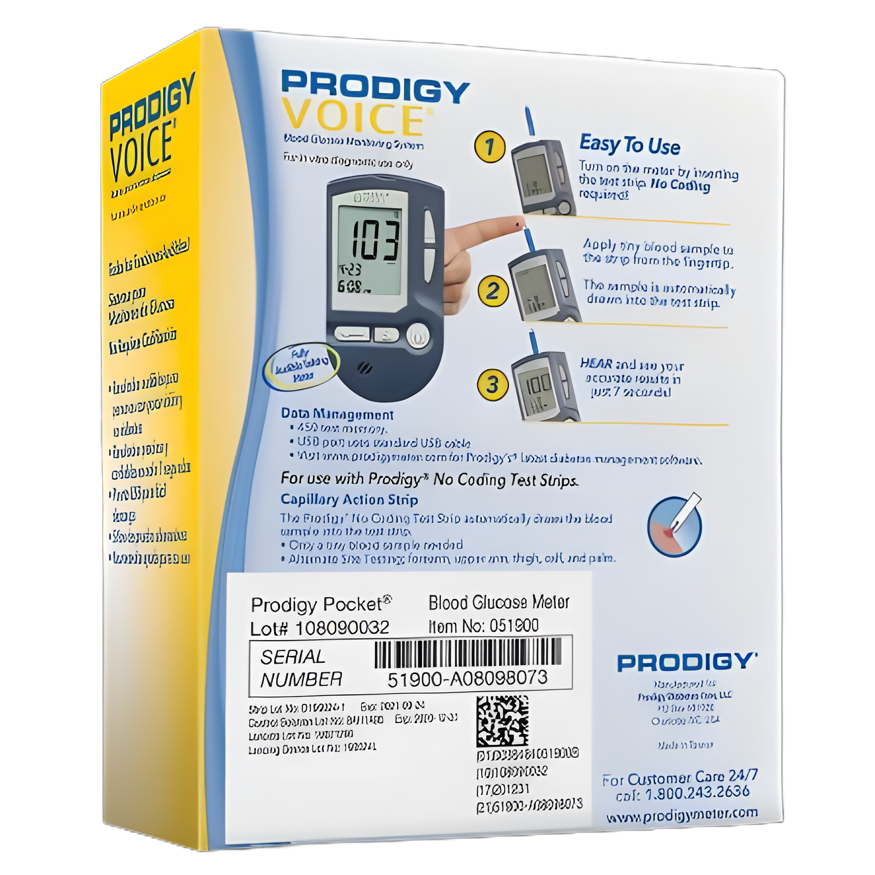 Blood Glucose Meter Prodigy® 7 Second Results Stores up to 450 Results No Coding Required - 51900