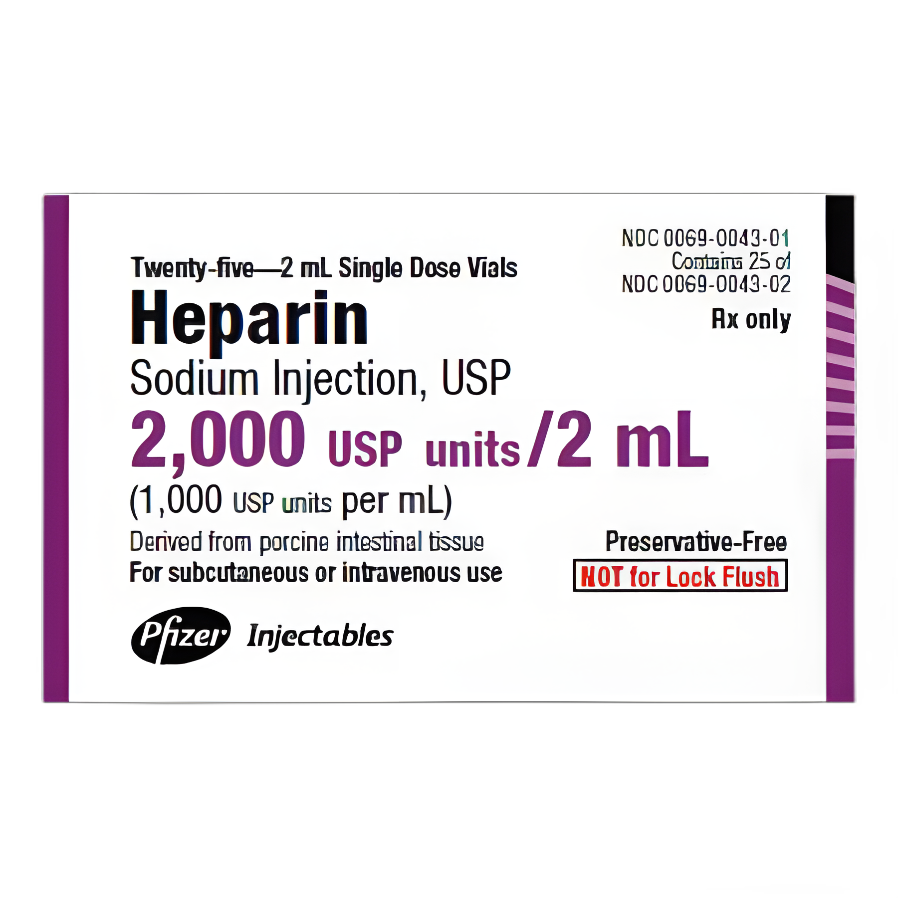 Heparin Sodium, Porcine, Preservative Free 1,000 U / mL Injection Single-Dose Vial 2 mL - 00069004301