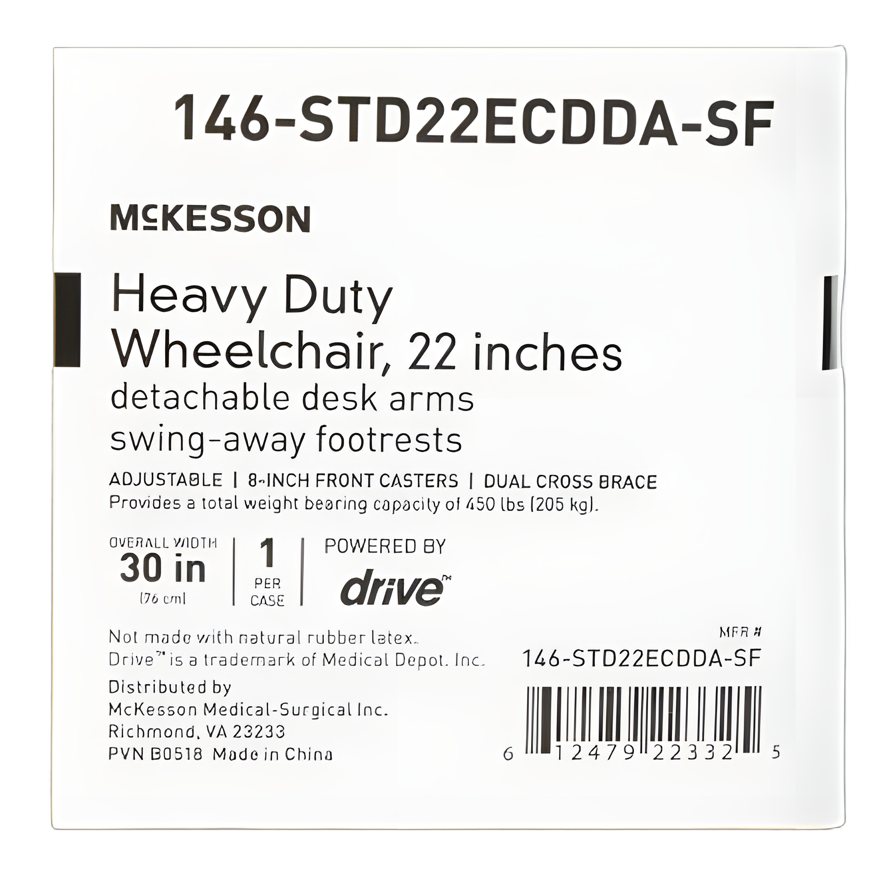 McKesson 22-Inch Bariatric Wheelchair - 450 lbs Capacity