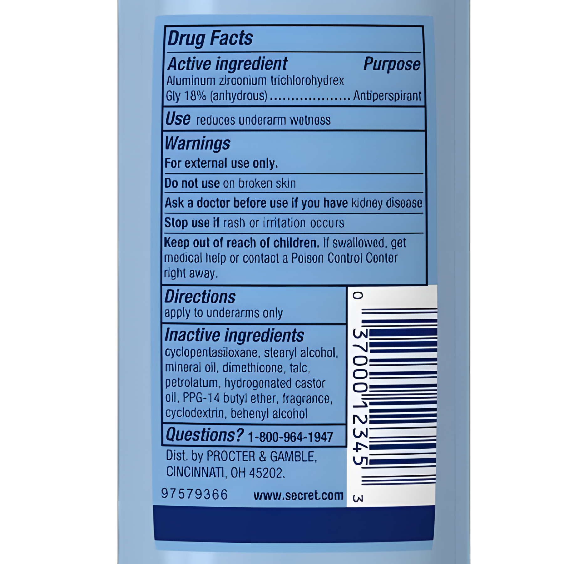 Antiperspirant / Deodorant Secret® Solid 2.6 oz. Unscented