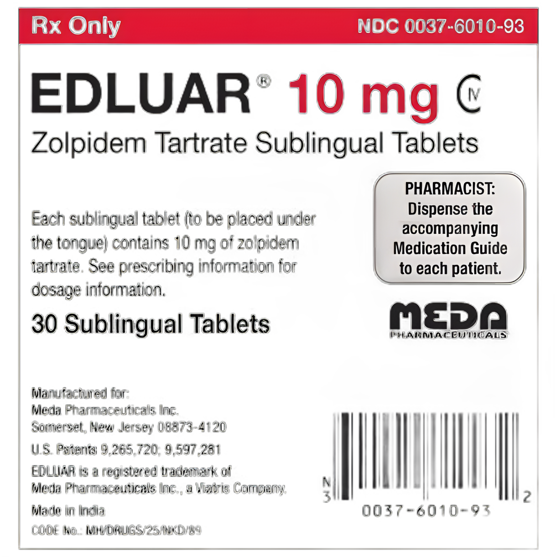 EDLUAR® Zolpidem tartrate 10 mg Tablet Blister Pack 30 Sublingual Tablets CIV