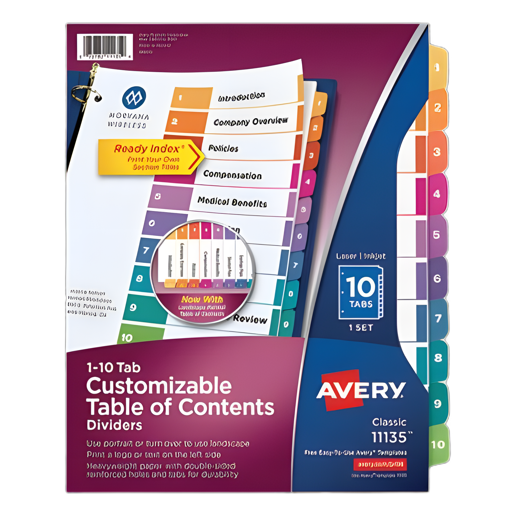 Customizable TOC Ready Index Multicolor Tab Dividers, 10-Tab, 1 to 10, 11 x 8.5, White, Traditional Color Tabs, 1 Set