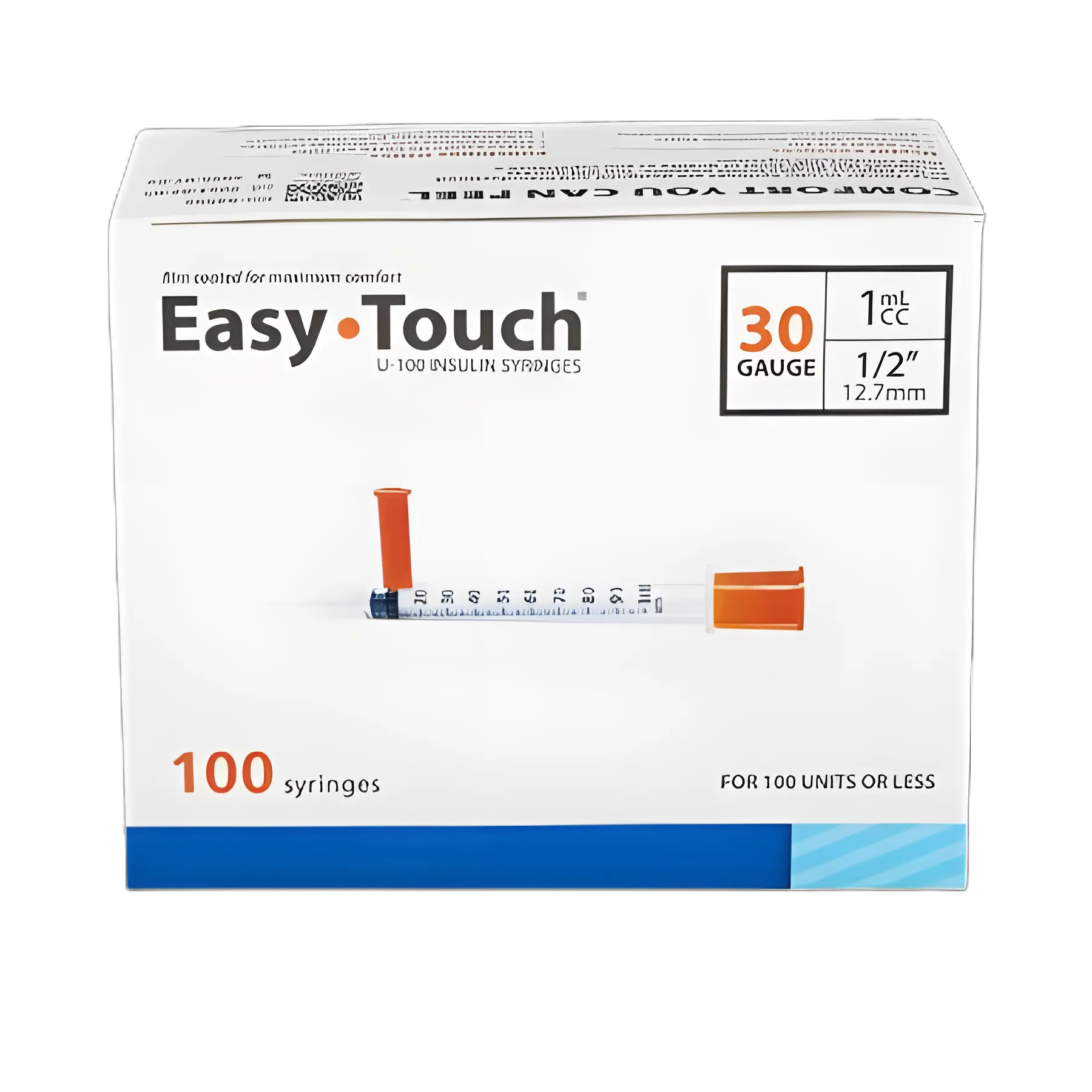 EasyTouch™ 1 mL Insulin Syringe with 1/2 Inch 30 Gauge Needle - Electro-Polished, Film Coated for Comfort