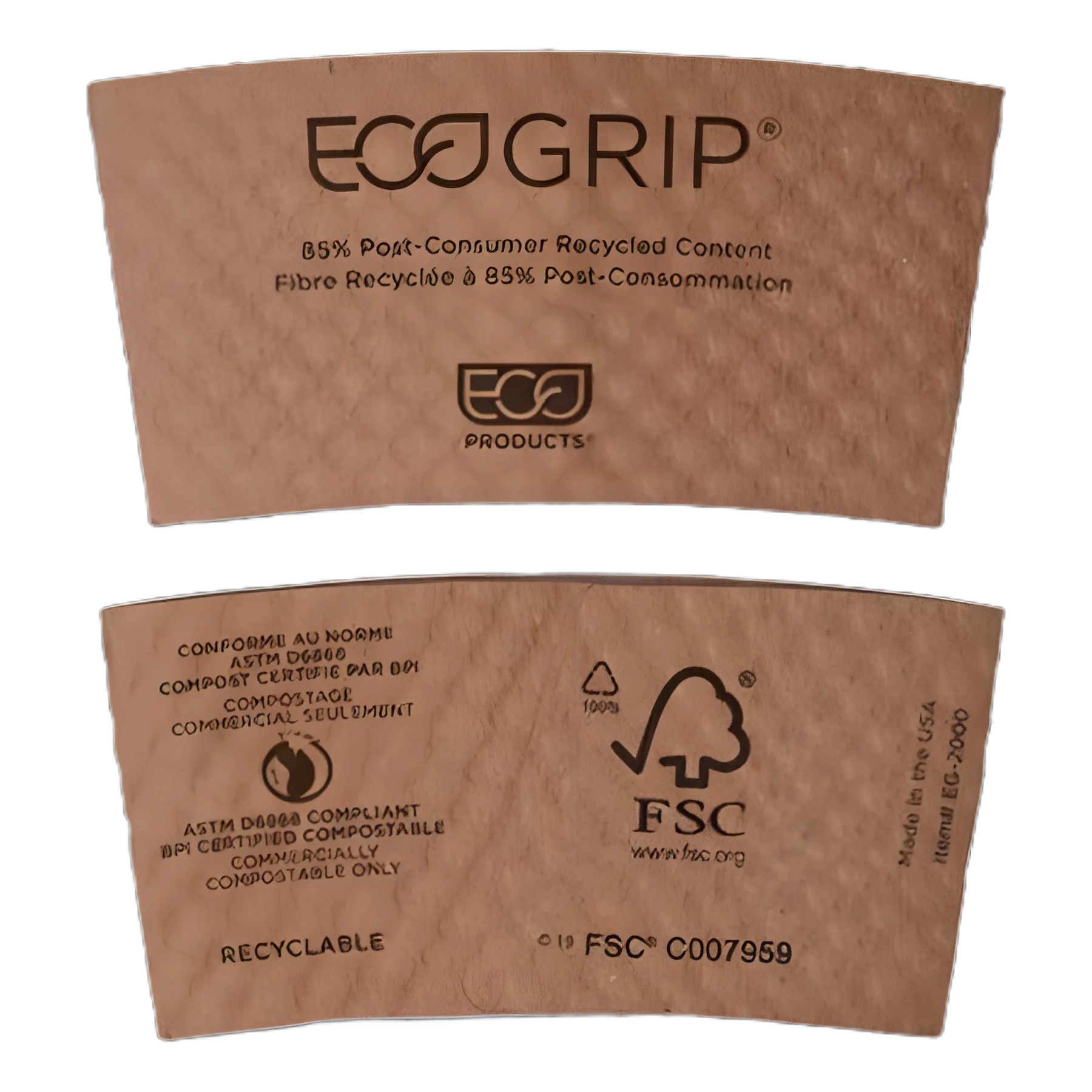EcoGrip Hot Cup Sleeves - Renewable and Compostable, Fits 12, 16, 20, 24 oz Cups, Kraft, 1,300/Carton