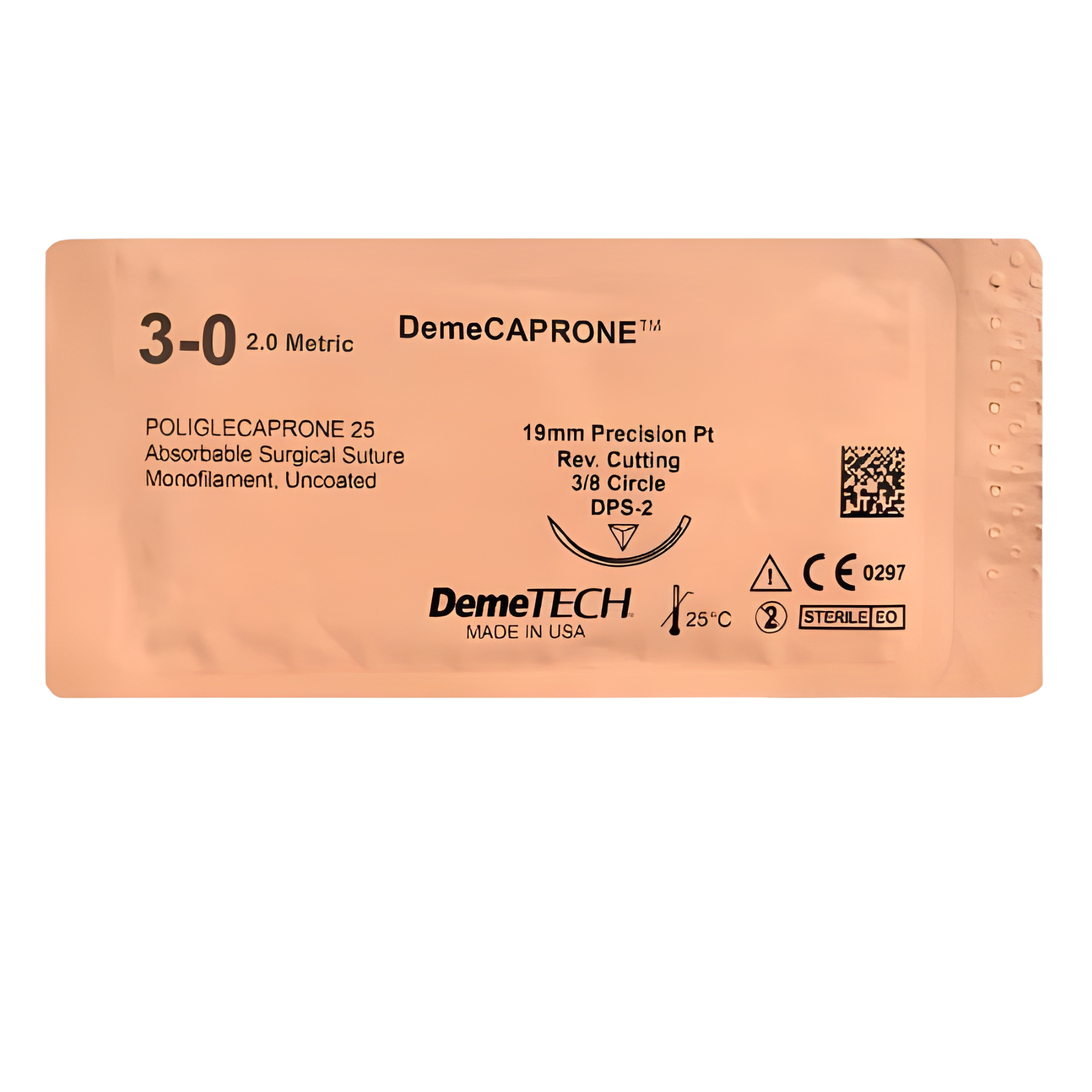 3-0 DemeCAPRONE, Poliglecaprone 25 Suture, Synthetic Absorbable, DPS-2, 19mm, 3/8 Circle, Precision Point Reverse Cutting Needle, Colorless, USP 27 Inches