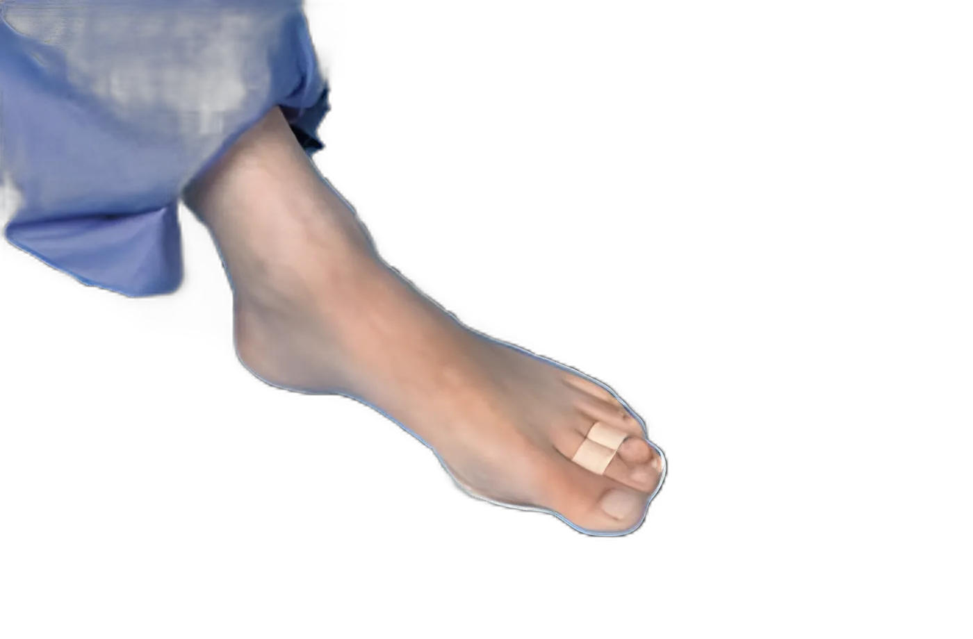 The image presents a close-up view of a human foot with a small adhesive bandage on the upper side of the big toe, against a dark background.