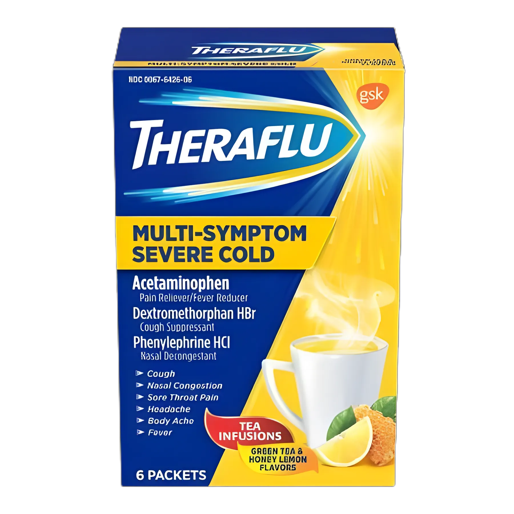 Cold and Cough Relief Theraflu® Multi-Symptom Severe Cold 500 mg - 20 mg - 10 mg Strength Powder 6 per Box
