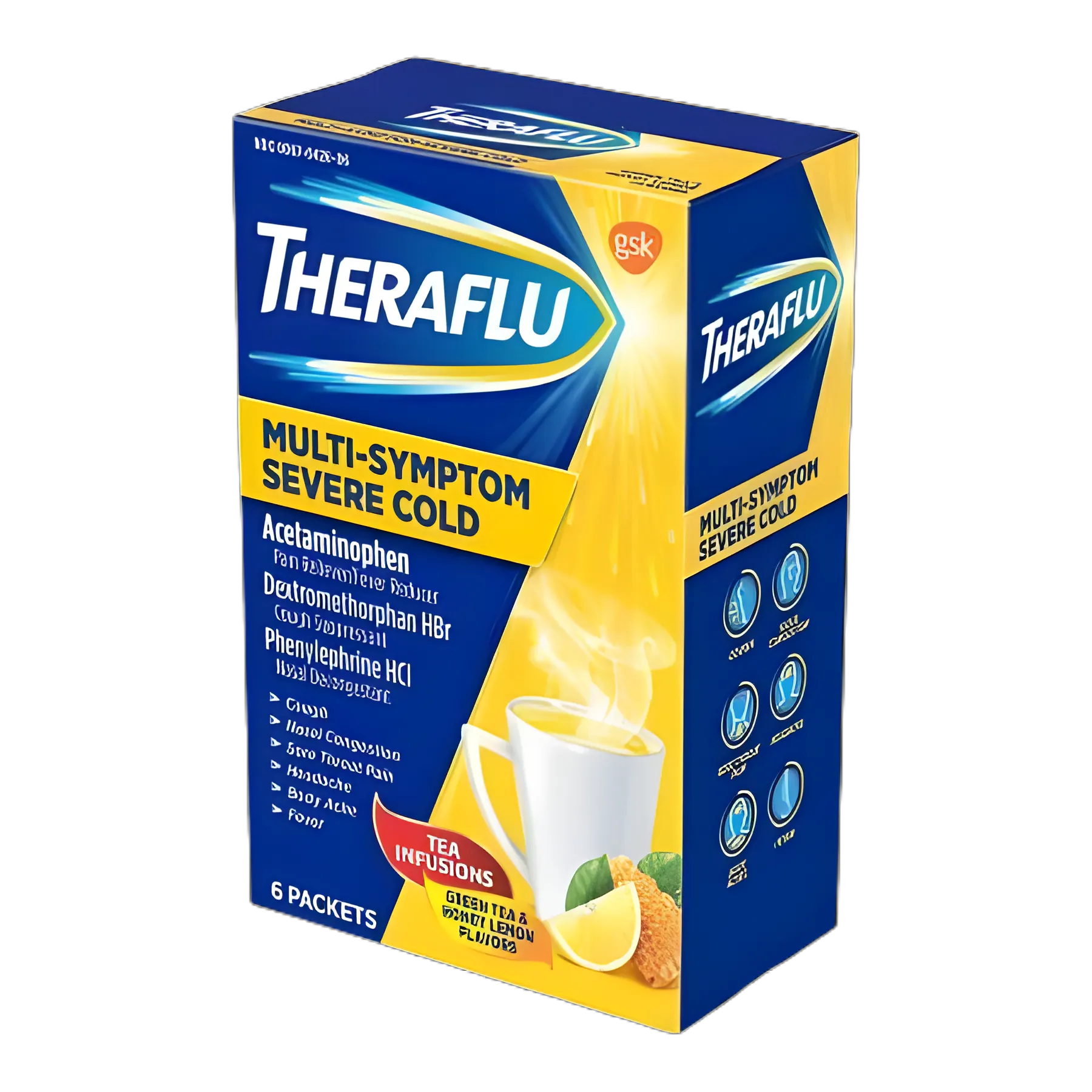 Cold and Cough Relief Theraflu® Multi-Symptom Severe Cold 500 mg - 20 mg - 10 mg Strength Powder 6 per Box