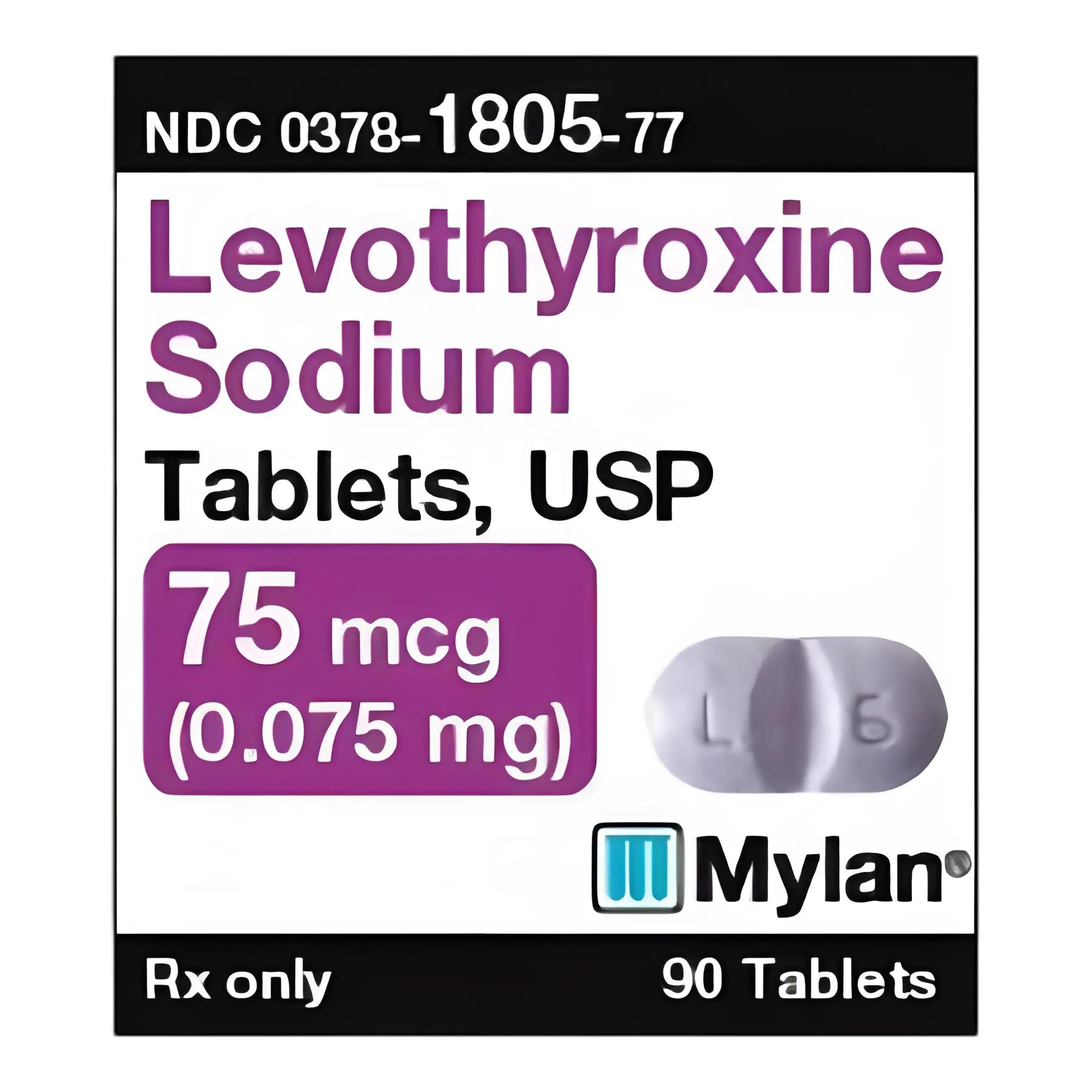 Levothyroxine Sodium 75 mcg Tablets by Mylan Pharmaceuticals - 90 Count