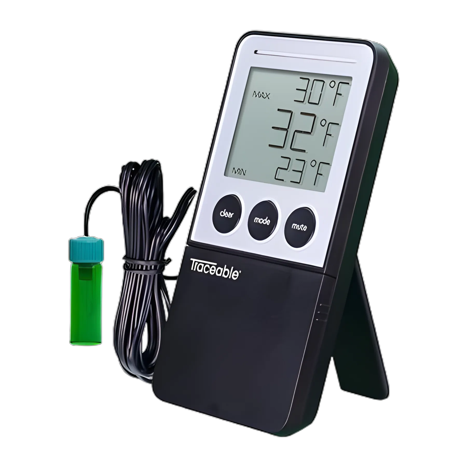 Digital Refrigerator / Freezer Thermometer with Alarm Traceable® Fahrenheit / Celsius -58° to +158°F (-50° to +70°C) Bottle Probe Flip-out Stand / Wall Mount