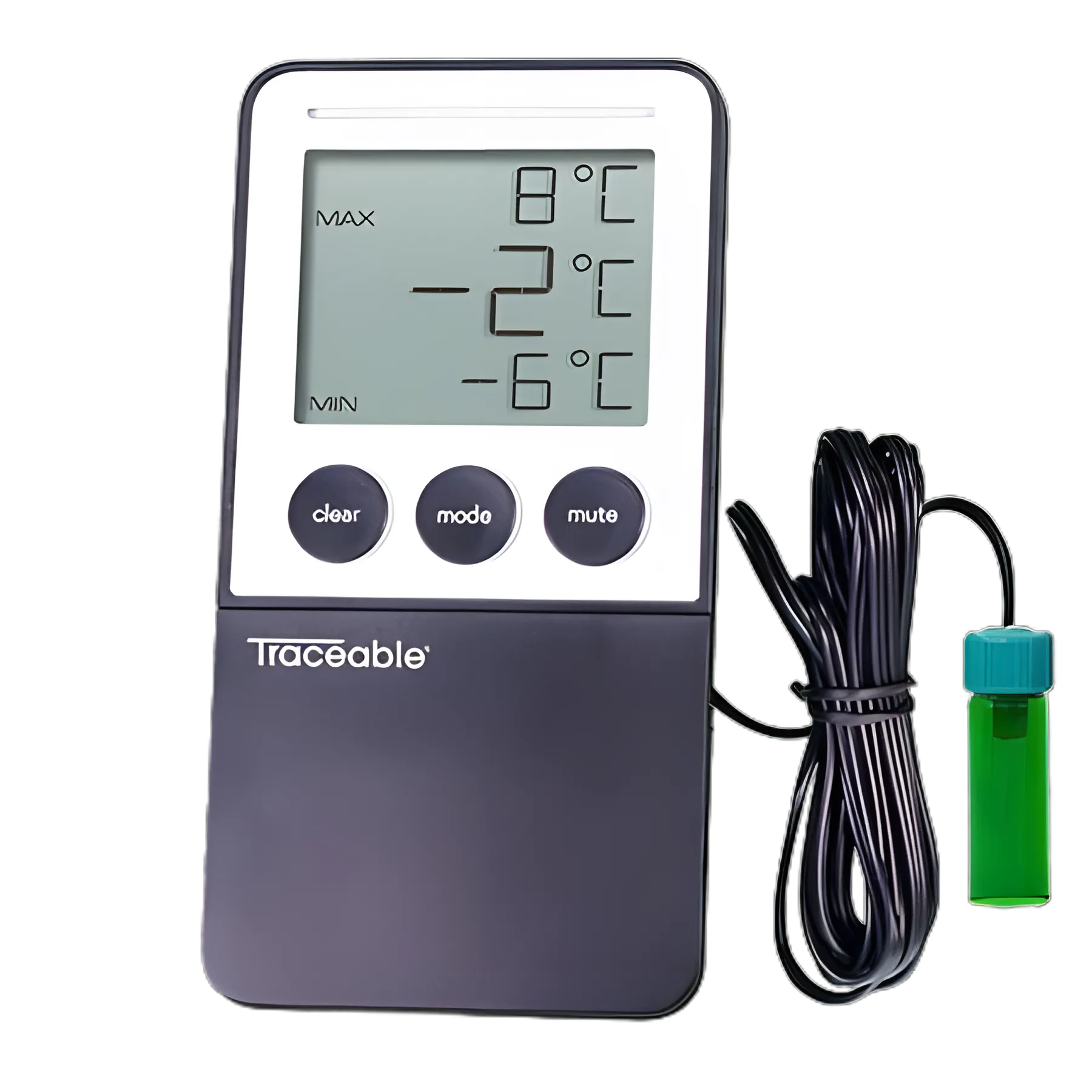 Digital Refrigerator / Freezer Thermometer with Alarm Traceable® Fahrenheit / Celsius -58° to +158°F (-50° to +70°C) Bottle Probe Flip-out Stand / Wall Mount