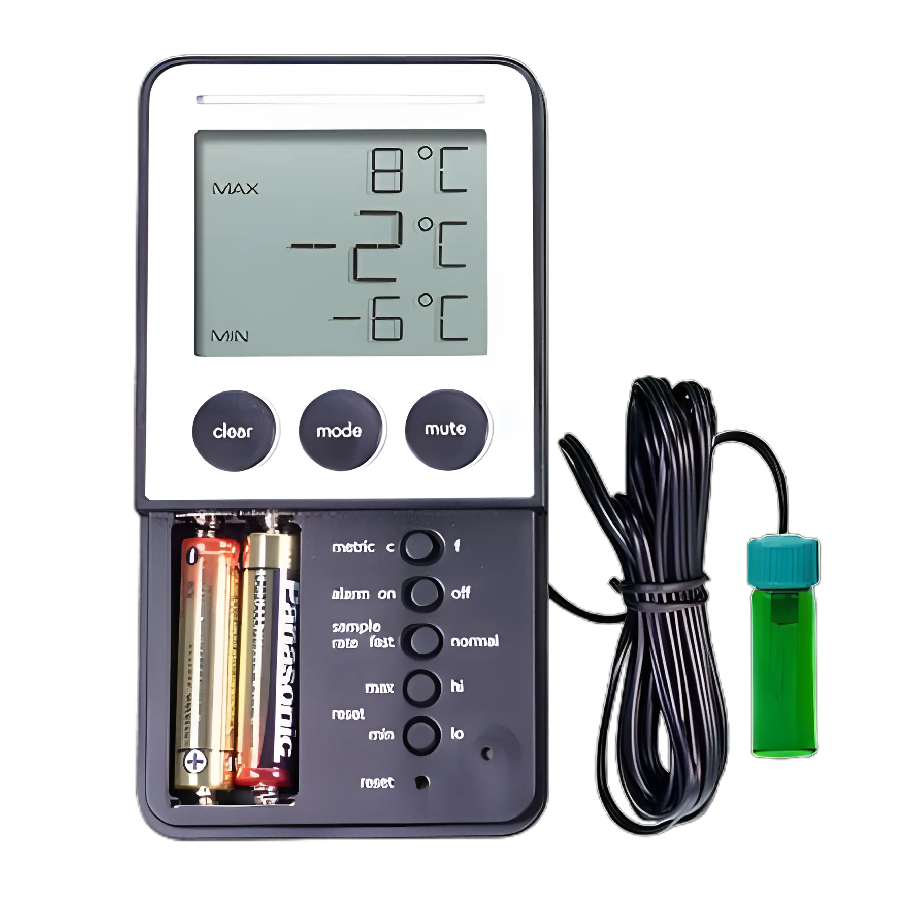 Digital Refrigerator / Freezer Thermometer with Alarm Traceable® Fahrenheit / Celsius -58° to +158°F (-50° to +70°C) Bottle Probe Flip-out Stand / Wall Mount