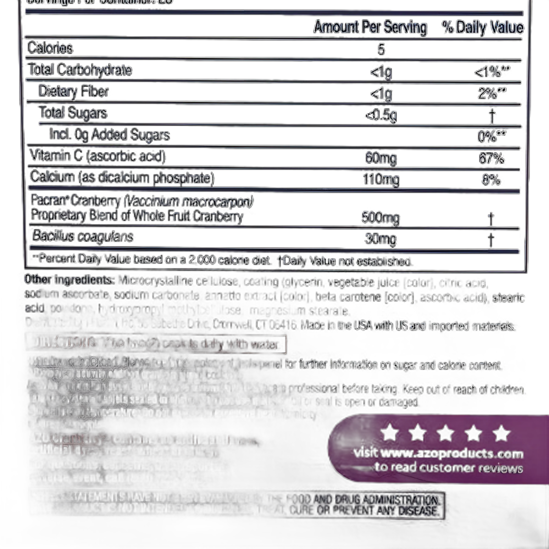 Urinary Pain Relief AZO® Vitamin C 60mg, Calcium 110 mg, Cranberry 500 mg, Bacillus Coagulans 30 mg Tablet 50 per Box