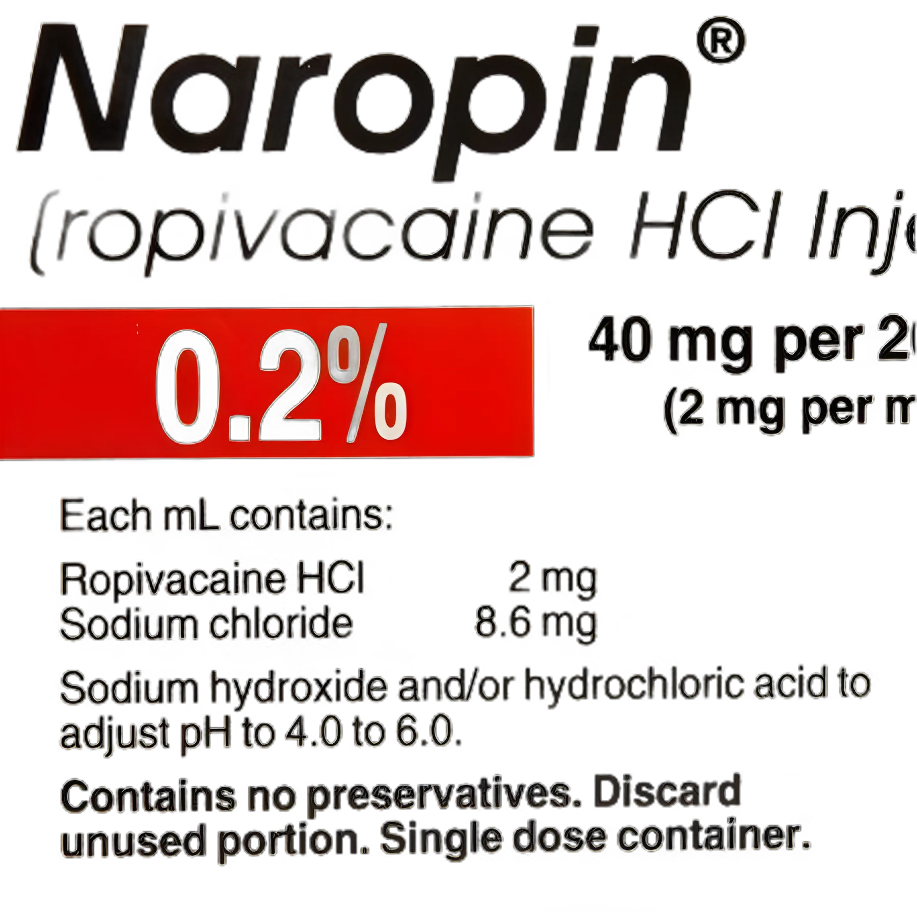 Naropin® Ropivacaine HCl, Preservative Free 0.2%, 2 mg / mL Injection Single-Dose Vial 20 mL