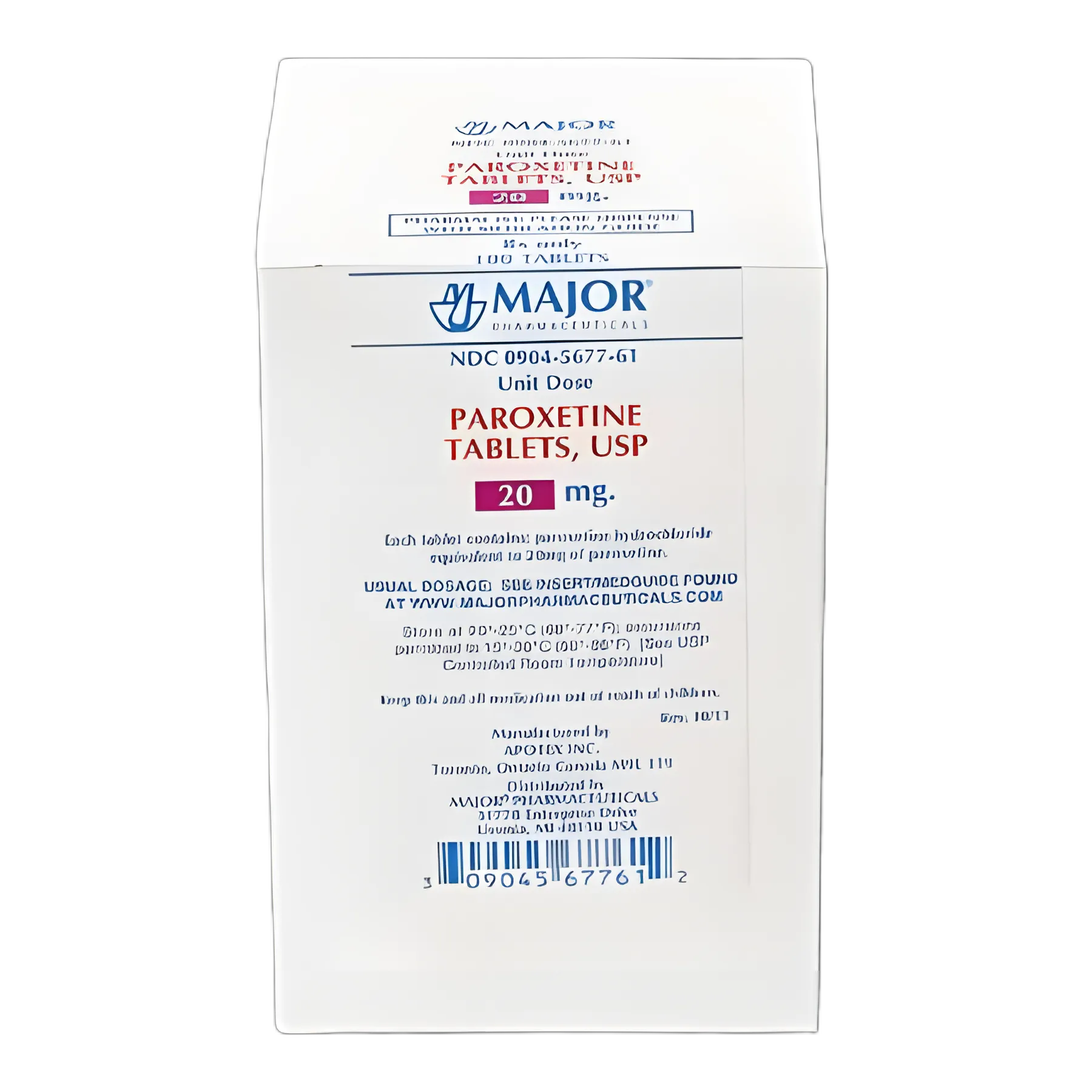 Paroxetine HCl 20 mg Tablet for Depression - Major Pharmaceuticals 100 Tablets Blister Pack