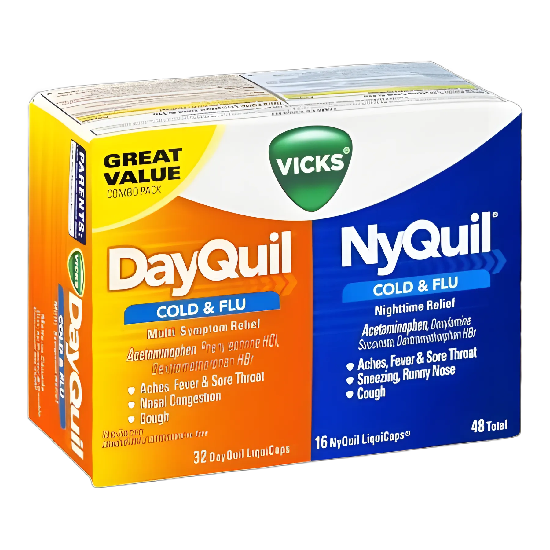 Cold and Cough Relief DayQuil® Nyquil® Combo Pack 325 mg - 10 mg - 5 mg Strength and 325 mg - 15 mg - 6.25 mg Strength Gelcap 48 per Box