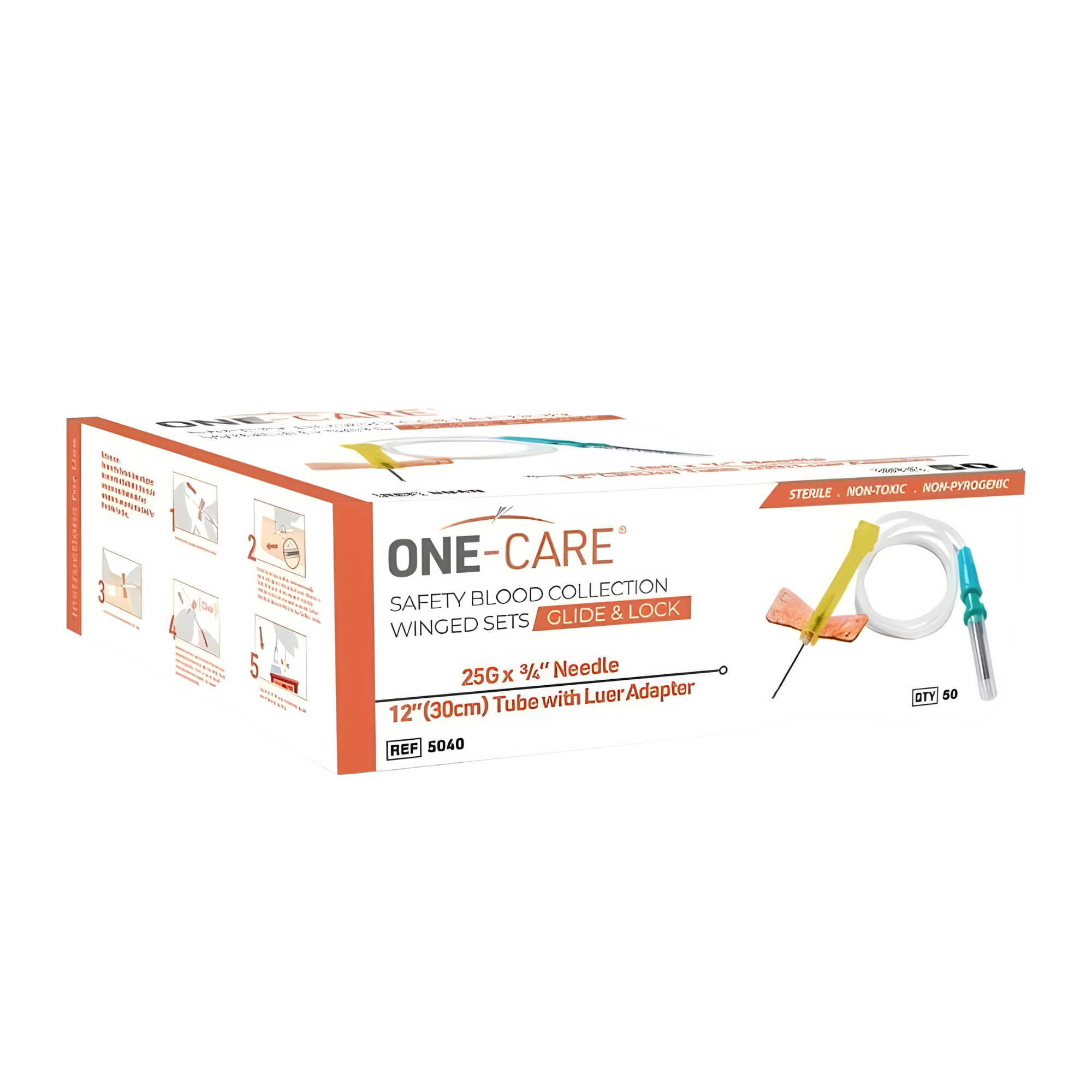 Safety Blood Collection Winged Sets 25G x 3/4'', ONE-CARE GLIDE & LOCK Medivena 5040, Luer-Adapter, 12'' Tube 50/Box