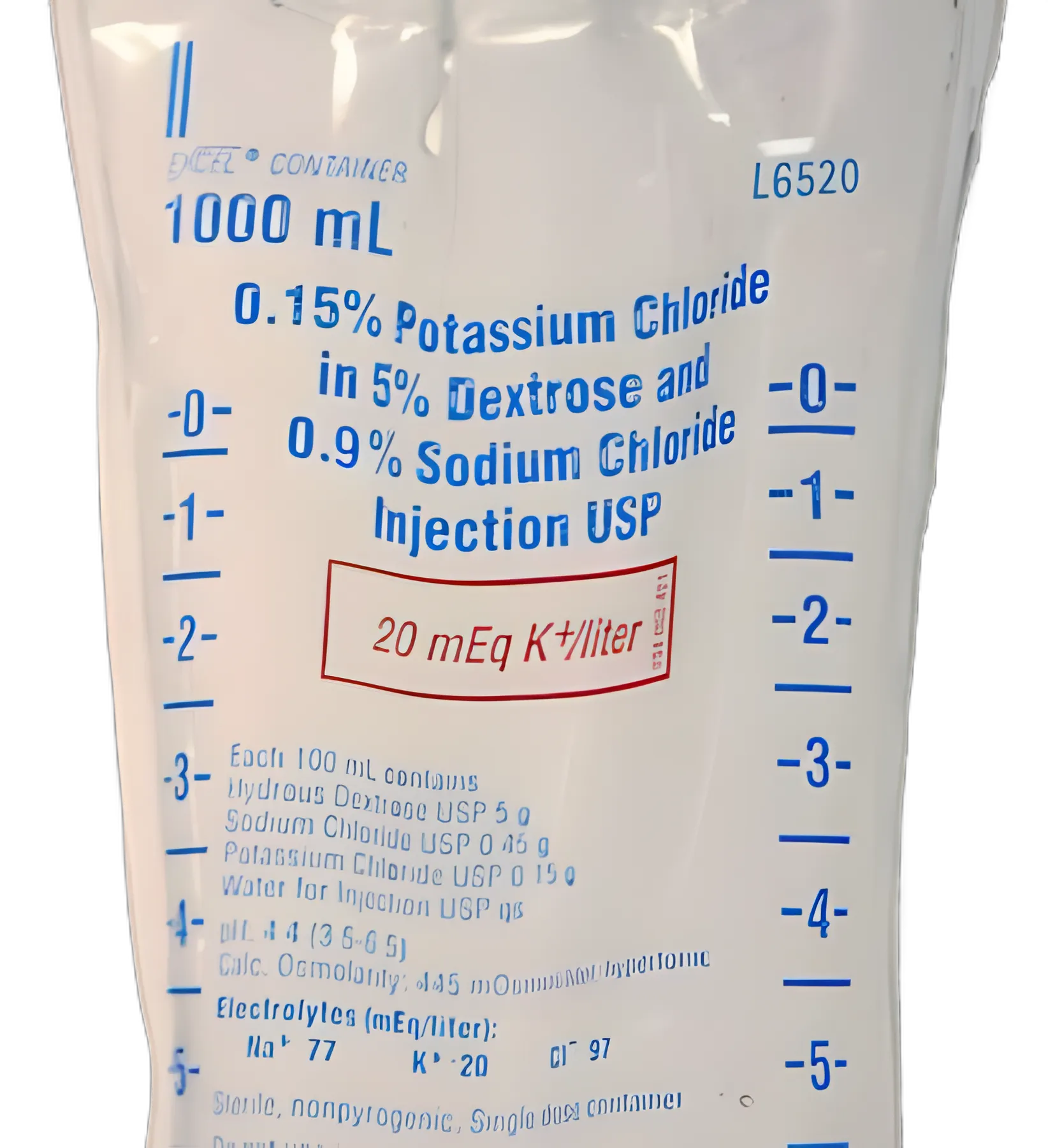 Replacement Preparation Potassium Chloride / Dextrose 5% / Sodium Chloride 0.9% 20 mEq / 1,000 mL IV Solution Flexible Bag 1,000 mL - L6520