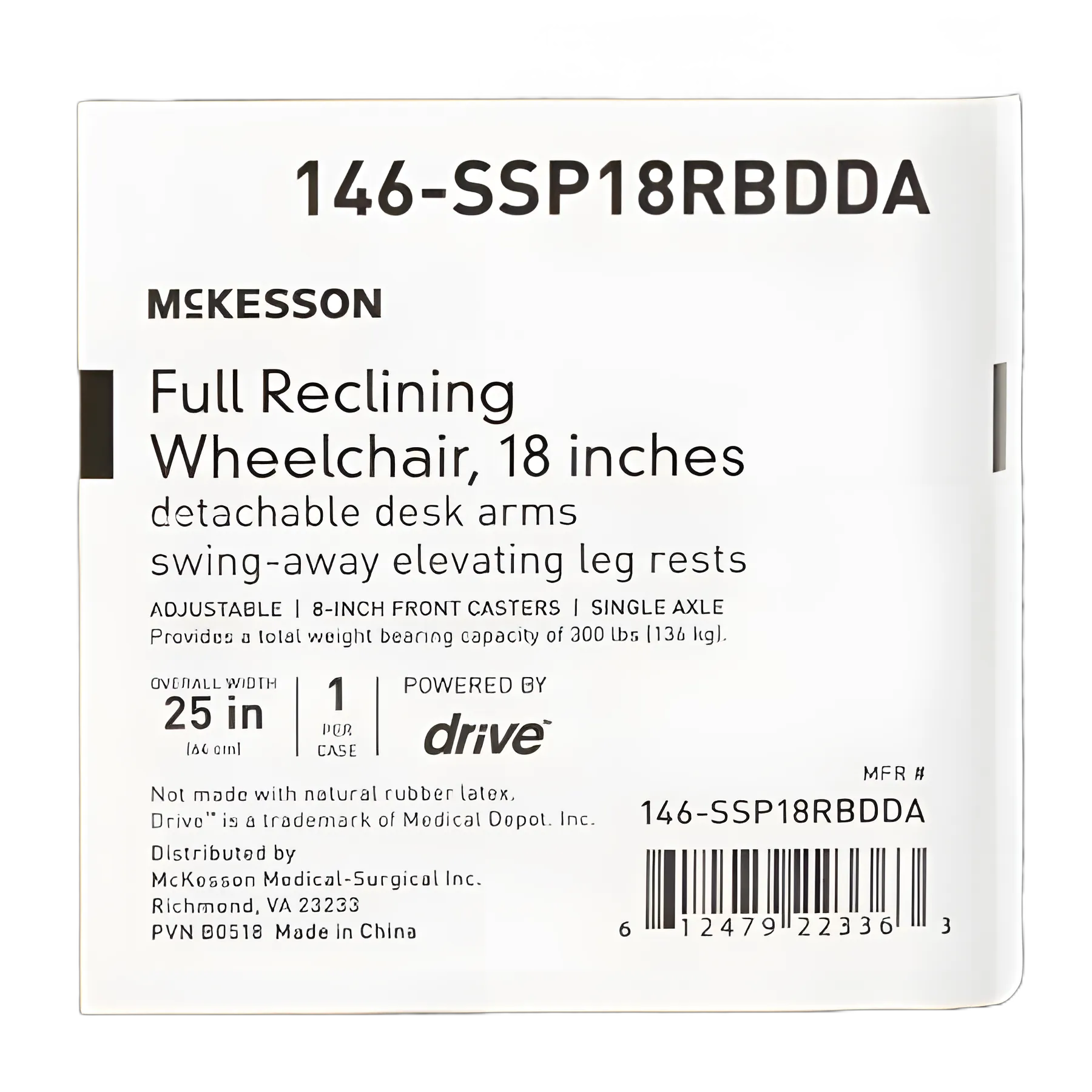 McKesson Reclining Wheelchair - Desk Arms, 18" Seat, 300 lbs Capacity